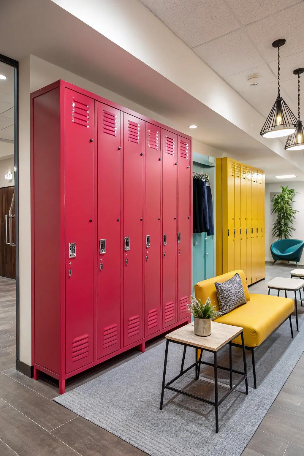 Lively paint colors animate custom-built storage.