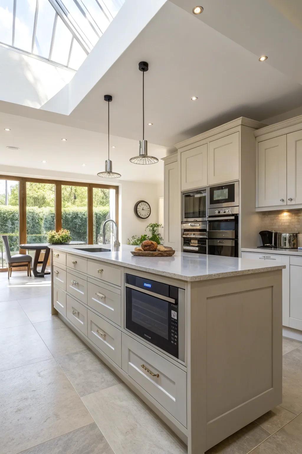 Open-plan kitchen featuring a wave emitter integrated into the central island.