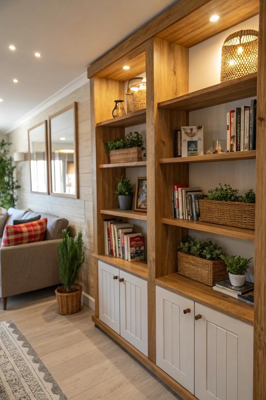 Organic components like timber and plants contribute warmth to built-in shelving.