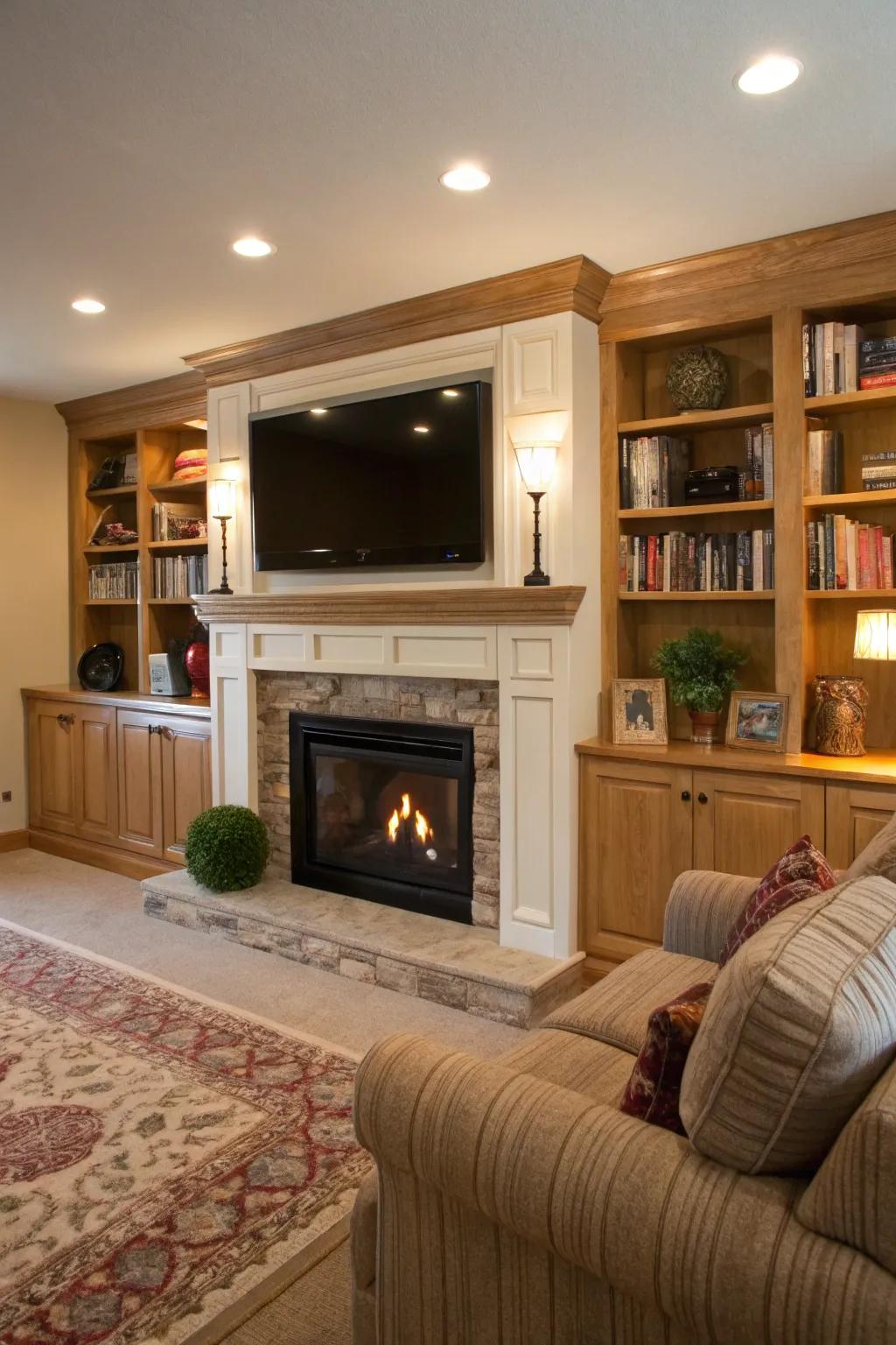 A wall-mounted TV integrates smoothly with the fireplace aesthetic.