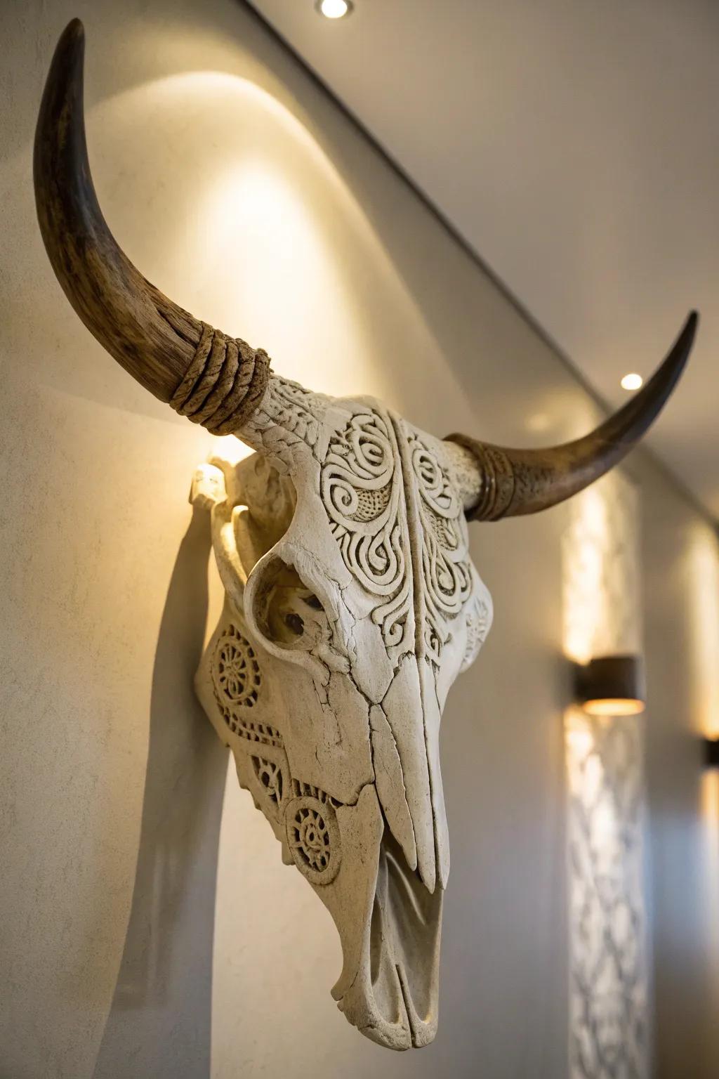 Intricately carved bull skull adding artistic detail.
