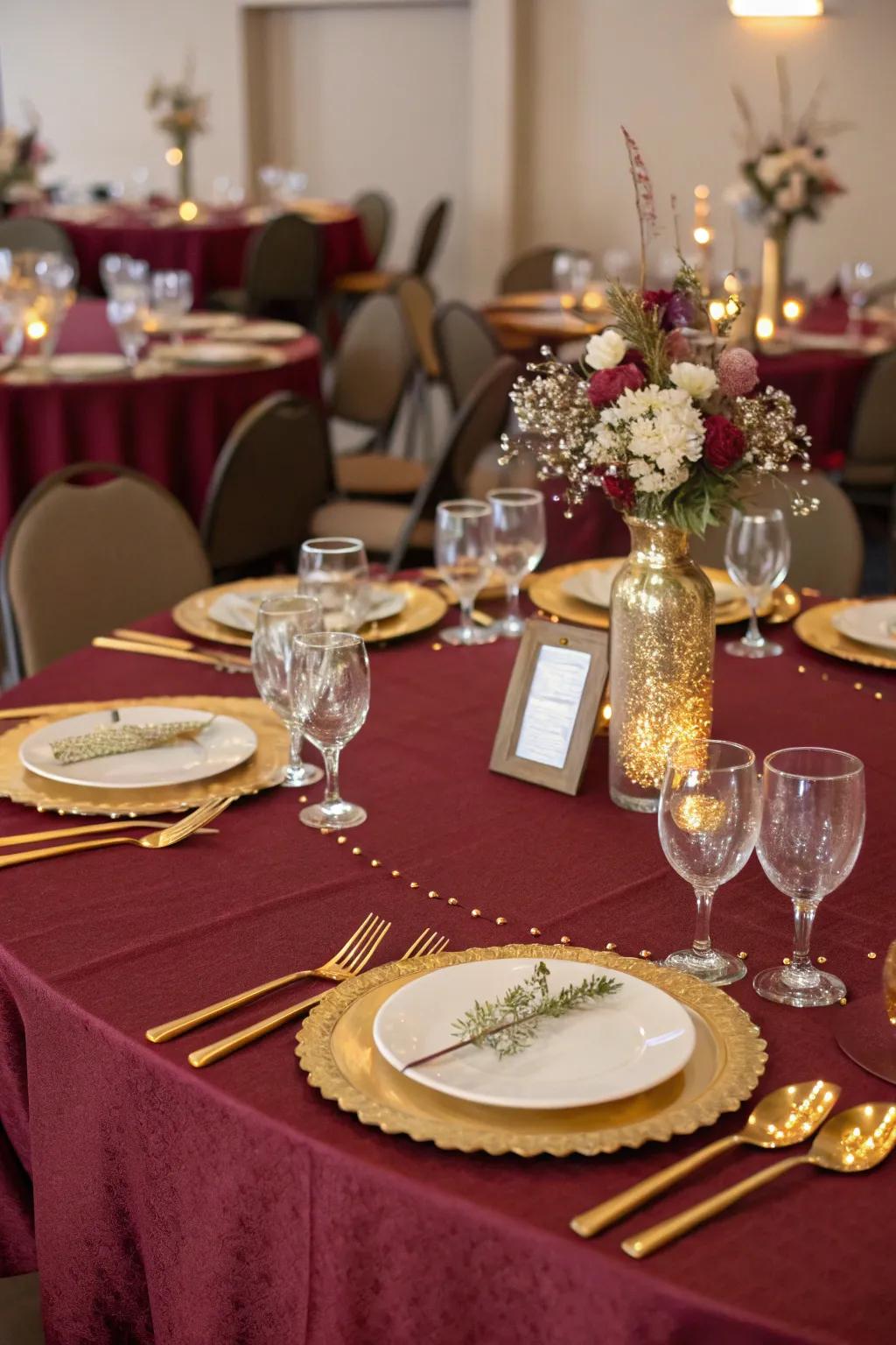 Sophisticated table arrangements in claret and gold create a setting for an extravagant meal.
