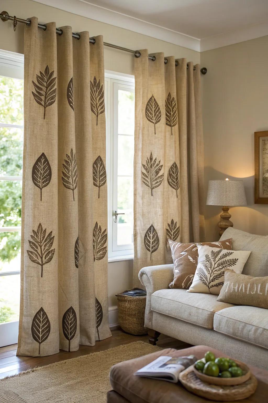 Individualized flair through stenciled material window coverings.