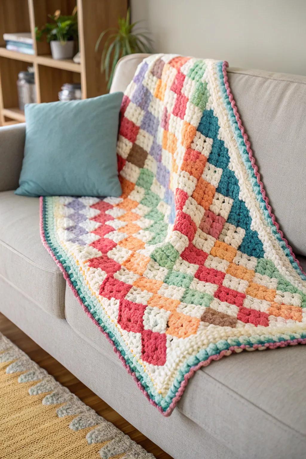 The addition of a textured border using solid and variegated yarns enhances the look of this contemporary living space.