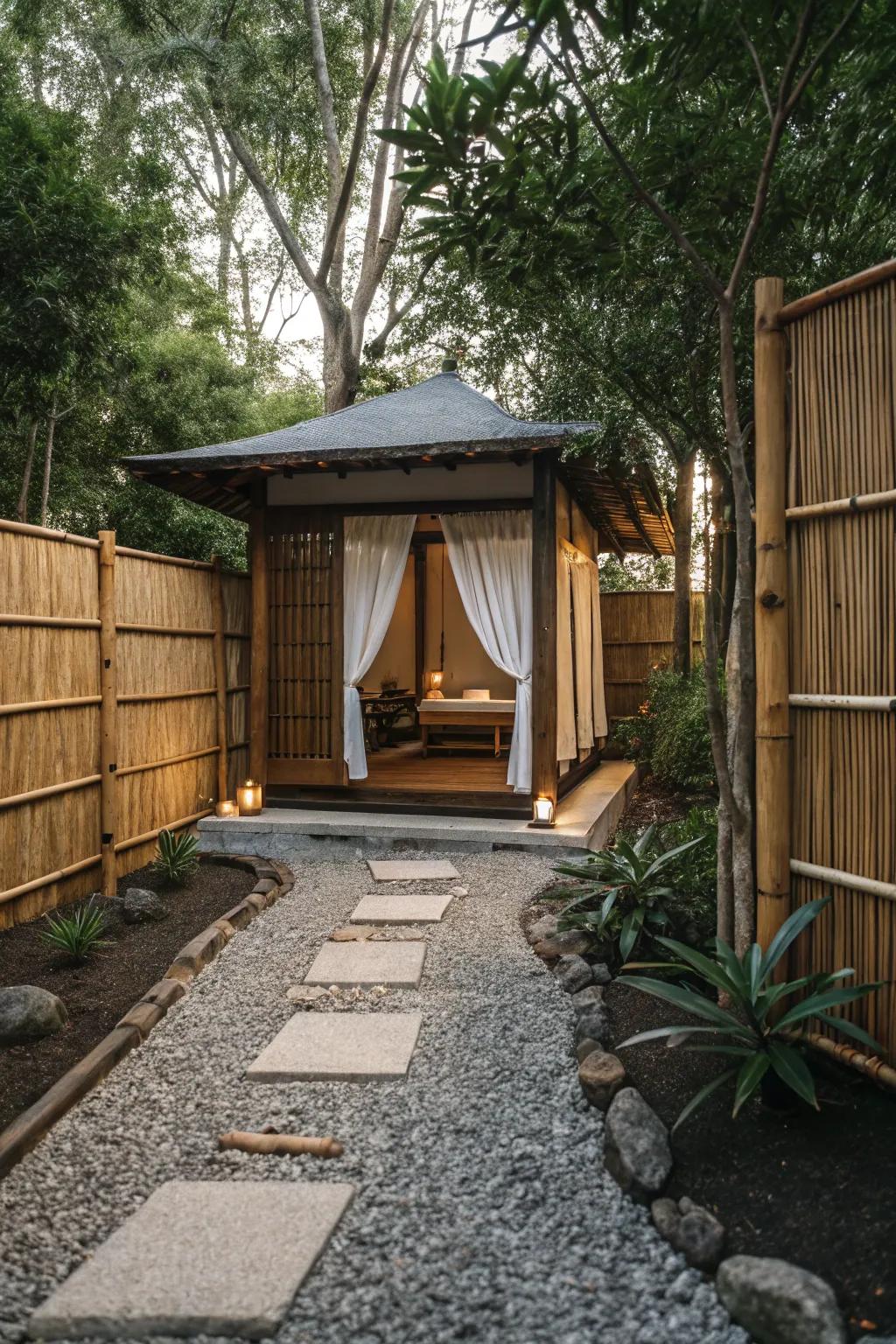 Zen haven cabana featuring calming Japanese-inspired decor.