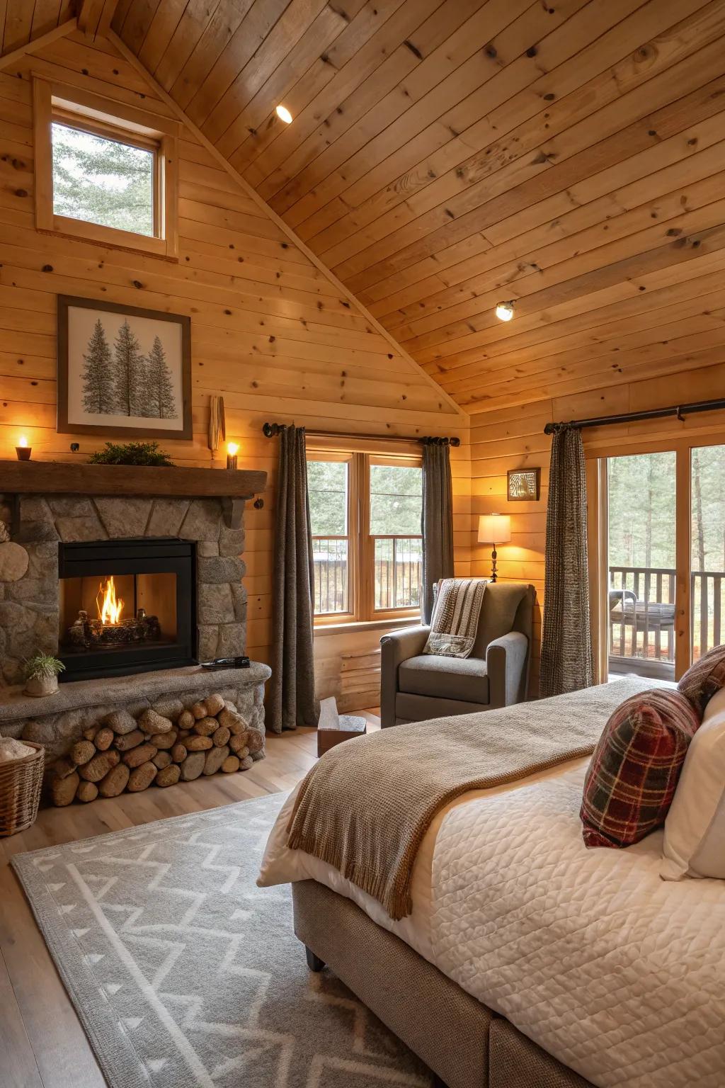A comfortable cabin bedroom featuring a hearth and a cozy seating area.