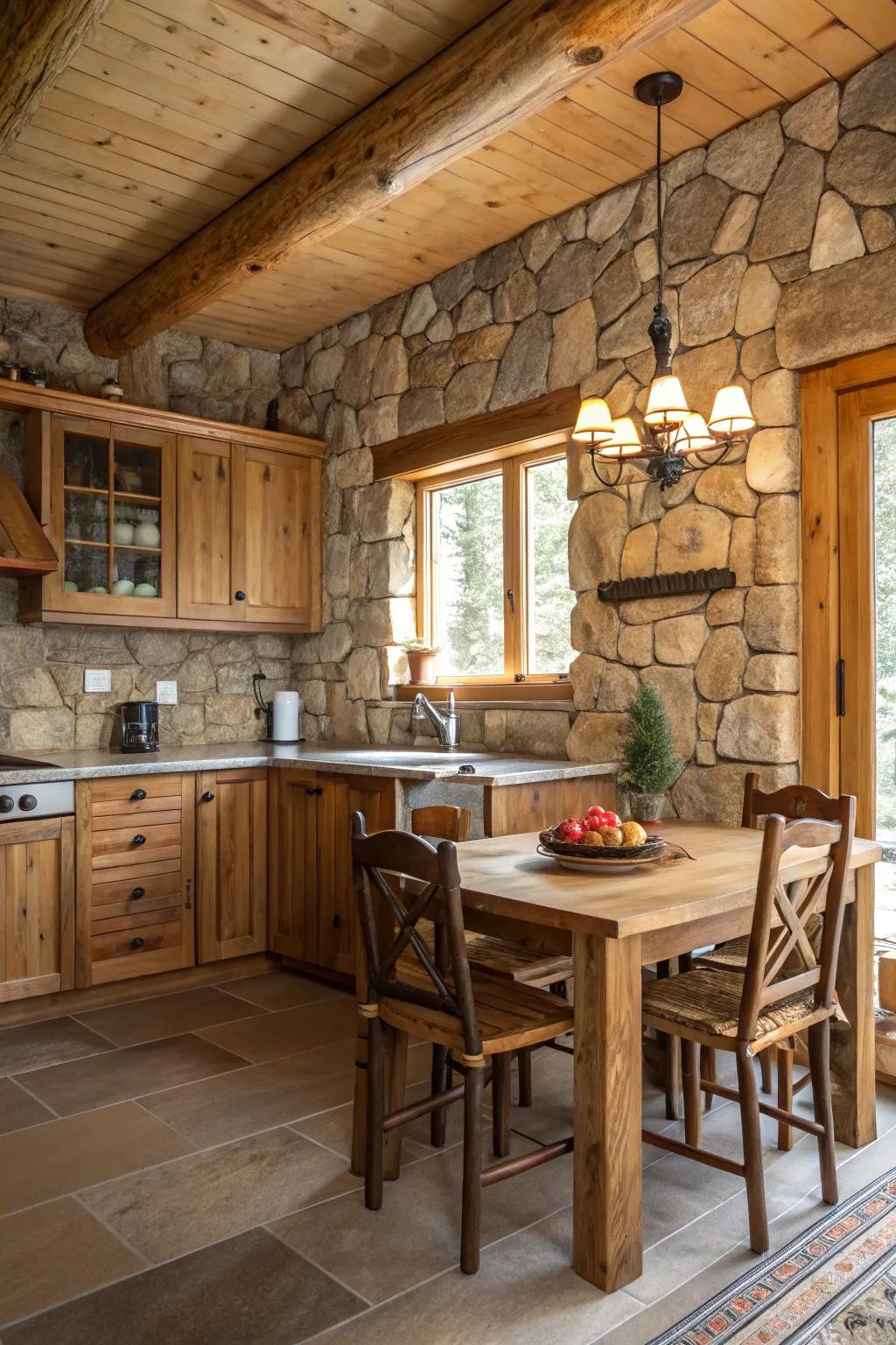 Stone detailing introduces natural refinement to a cabin cooking space.