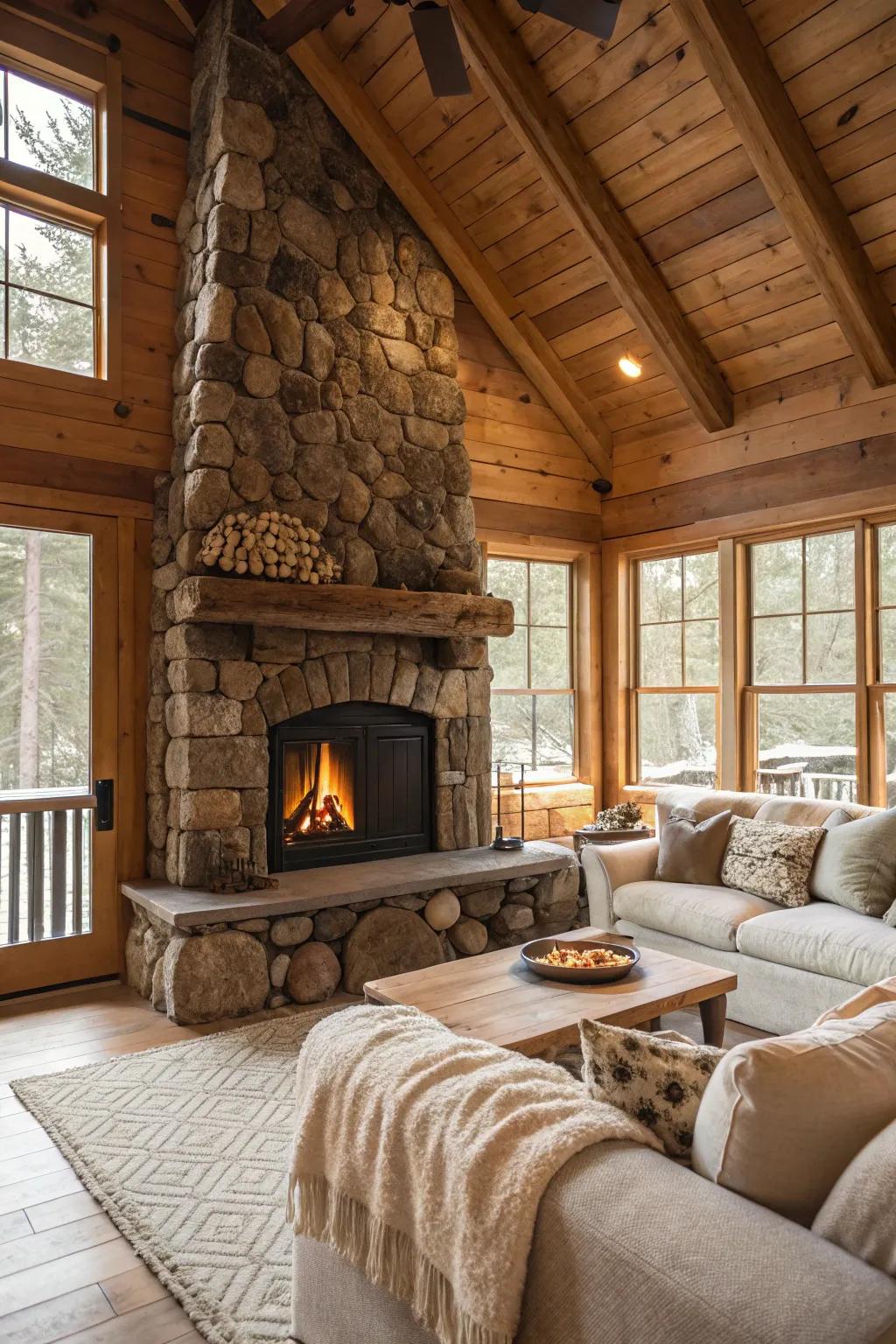 A stone fireplace fashions a toasty and inviting centerpiece.
