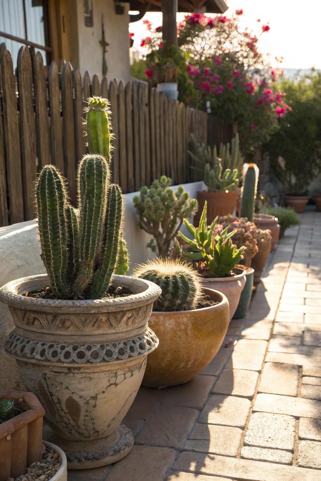 Cacti displayed in charming vintage pots, perfect for smaller settings.
