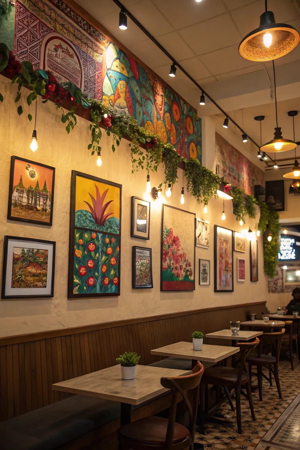 Vivid artwork in a cafe illuminated by skillfully arranged accent lights.