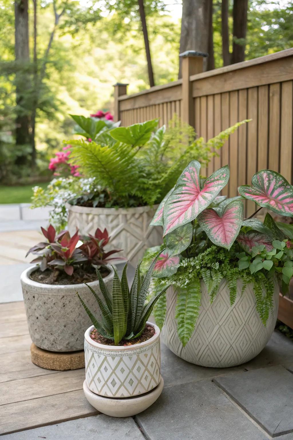Textural interplay featuring caladiums and other plants generates visual enrichment.