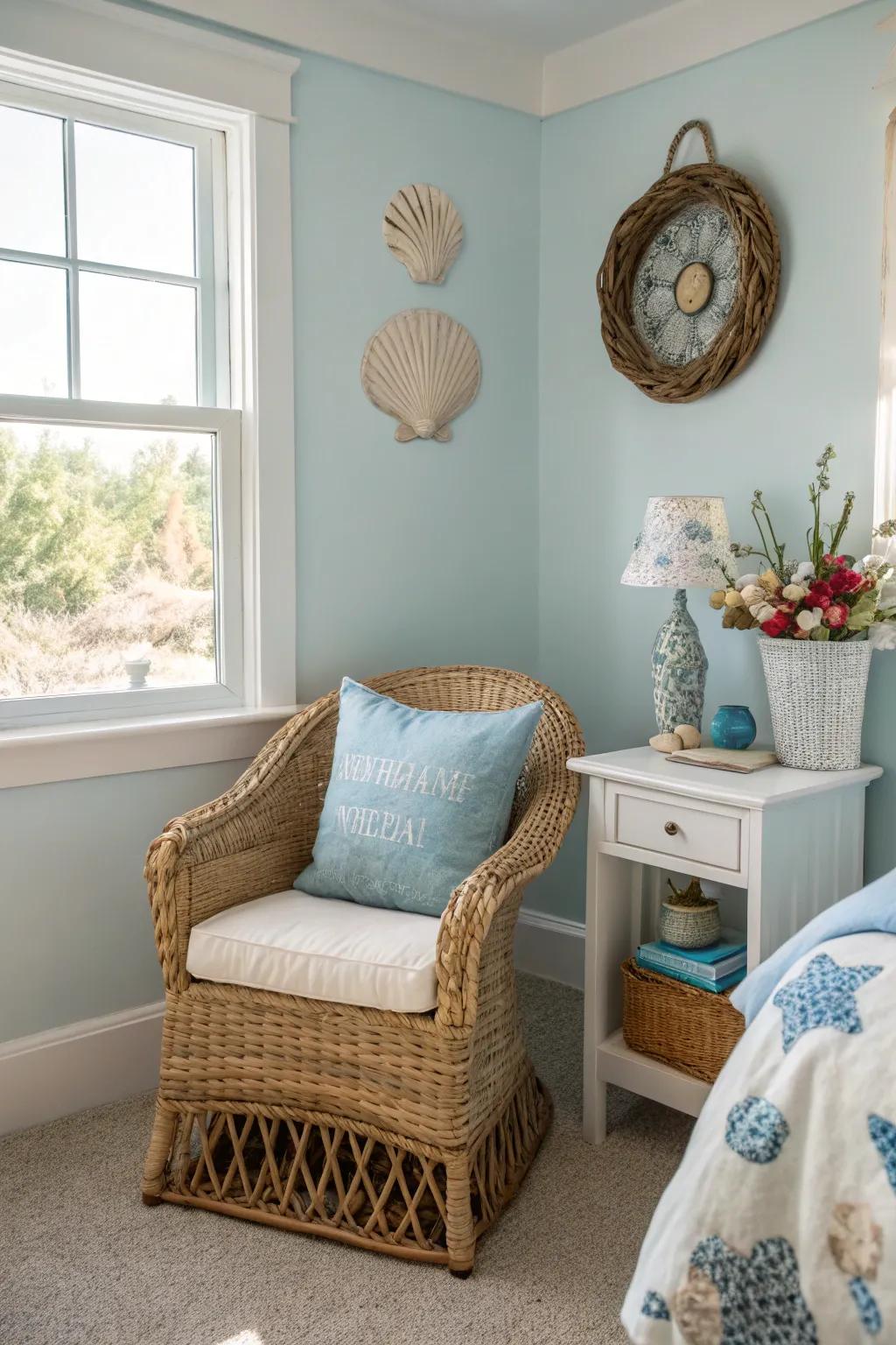 Bedroom corner featuring a wicker chair and seaside decor for a tranquil vibe.