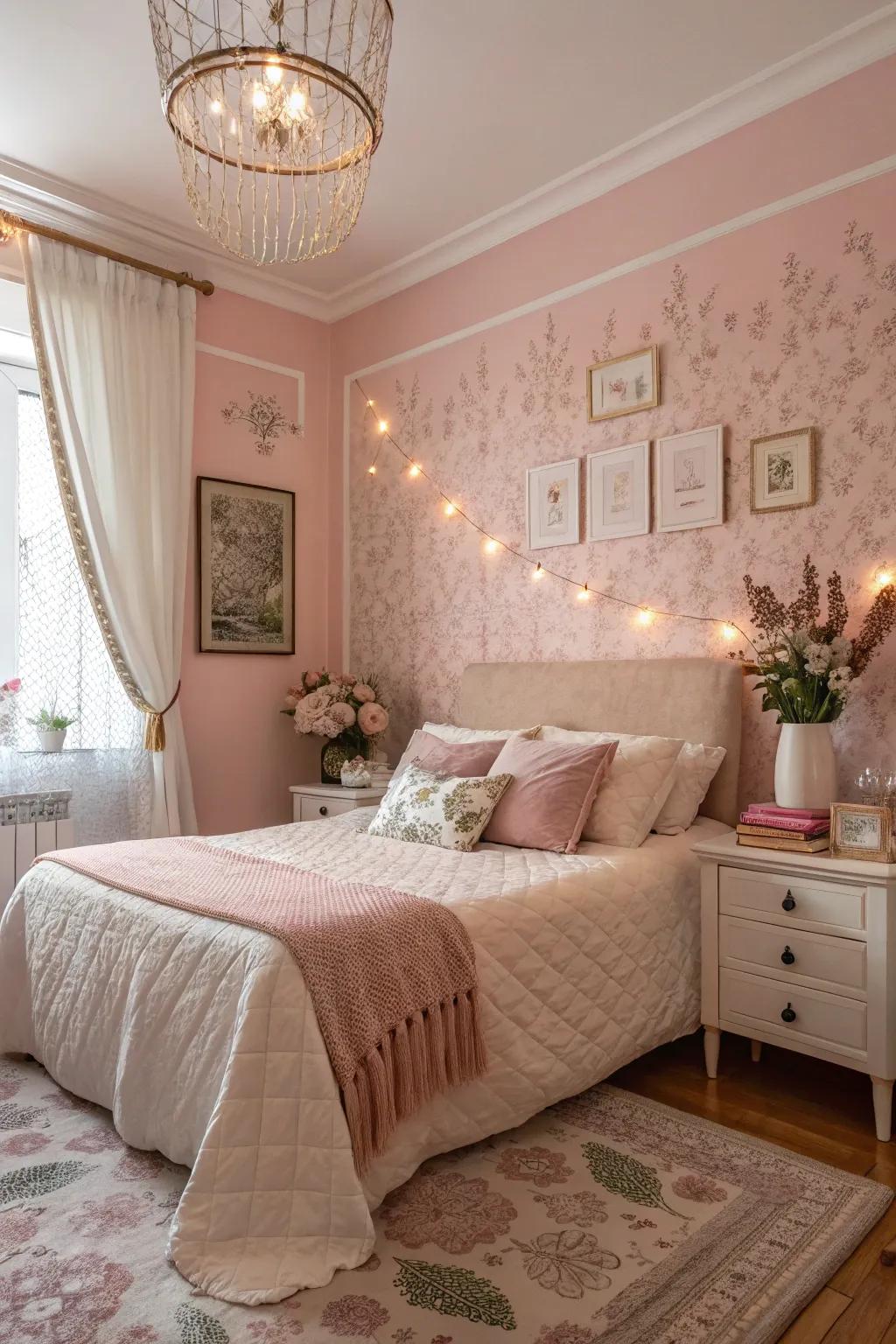 Pastel pinks introduce a delicate, romantic feel to the personal space.