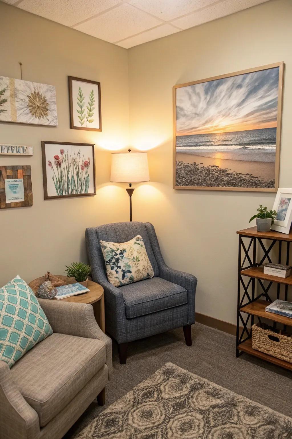 Inspirational wall art enhances the therapeutic environment.