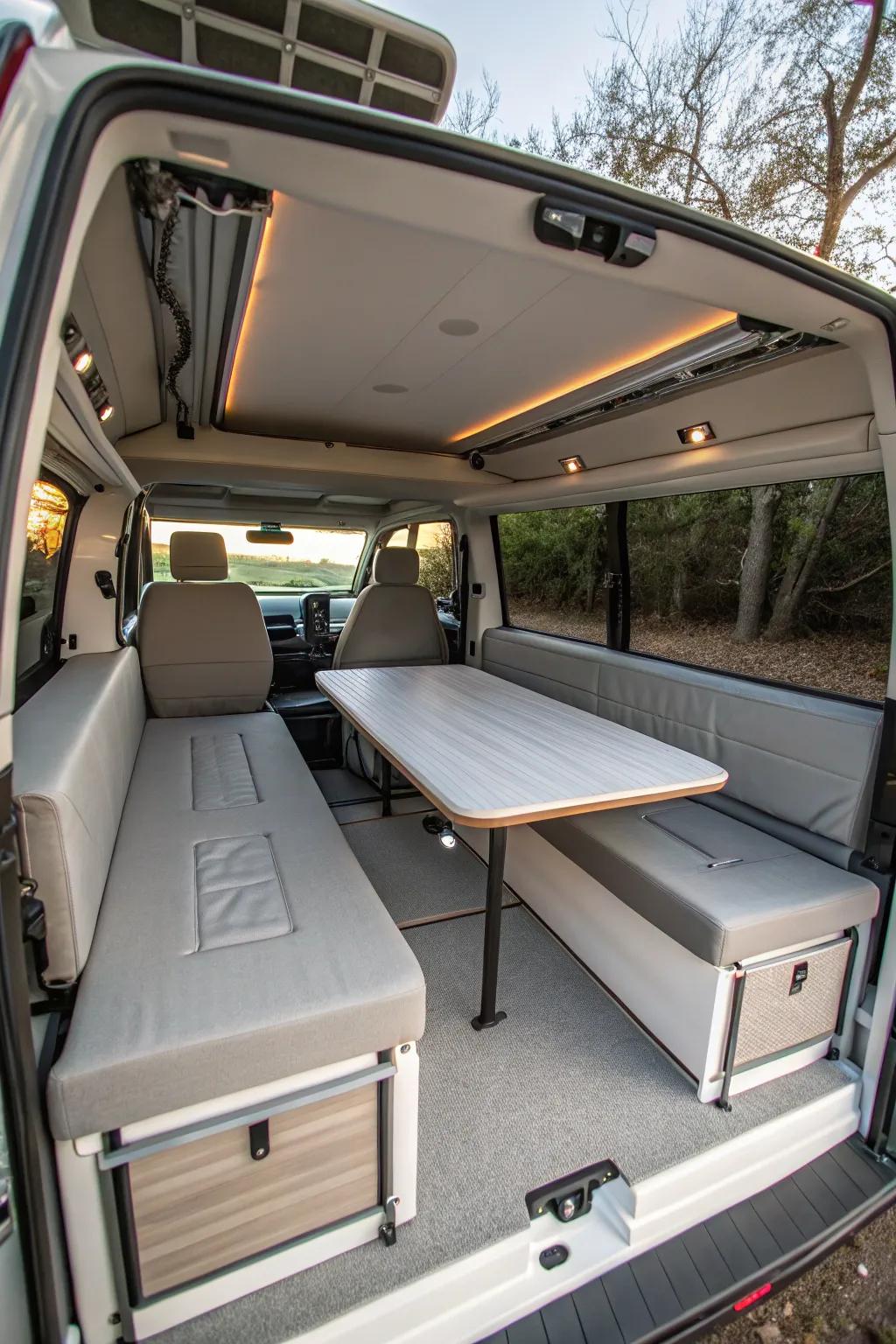 Creative multipurpose furnishings for flexible camper shell spaces.