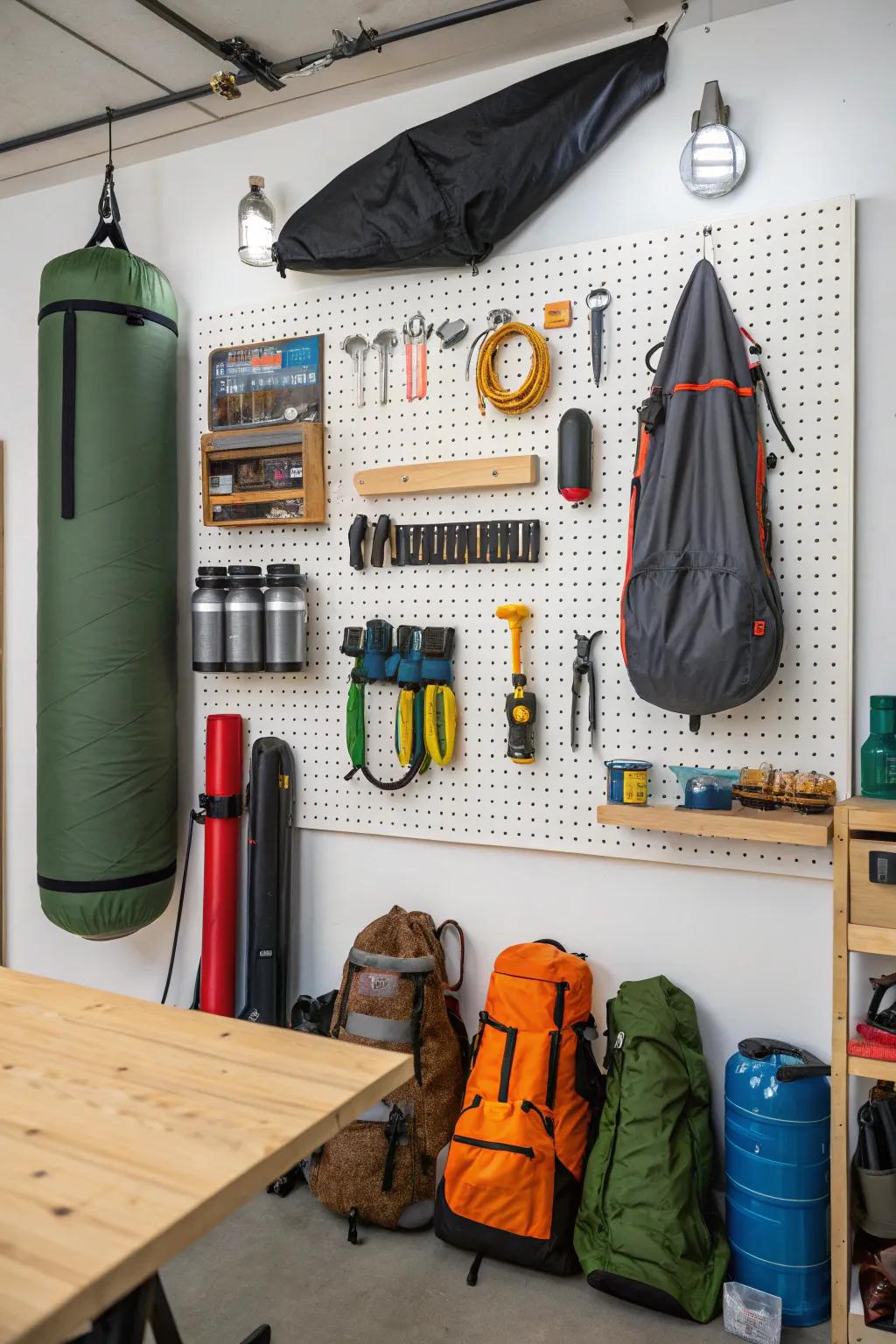 Slatboards provide a creative way to organize and display camping equipment.