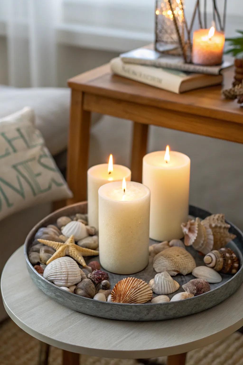 Seashells and candles combine to fashion a relaxing coastal vibe.