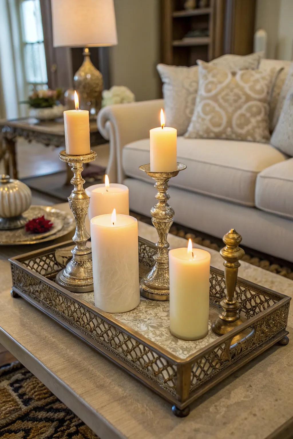 Upscale candle arrangement set on an ornamental platter.
