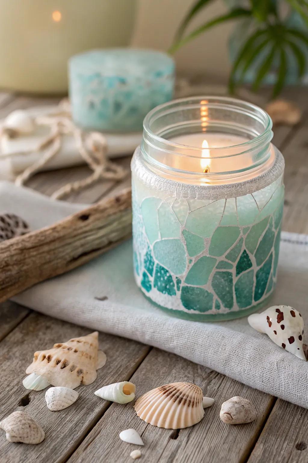 Convey the tranquil elegance of the coastline into your dwelling utilizing this seaside crystal candle container.