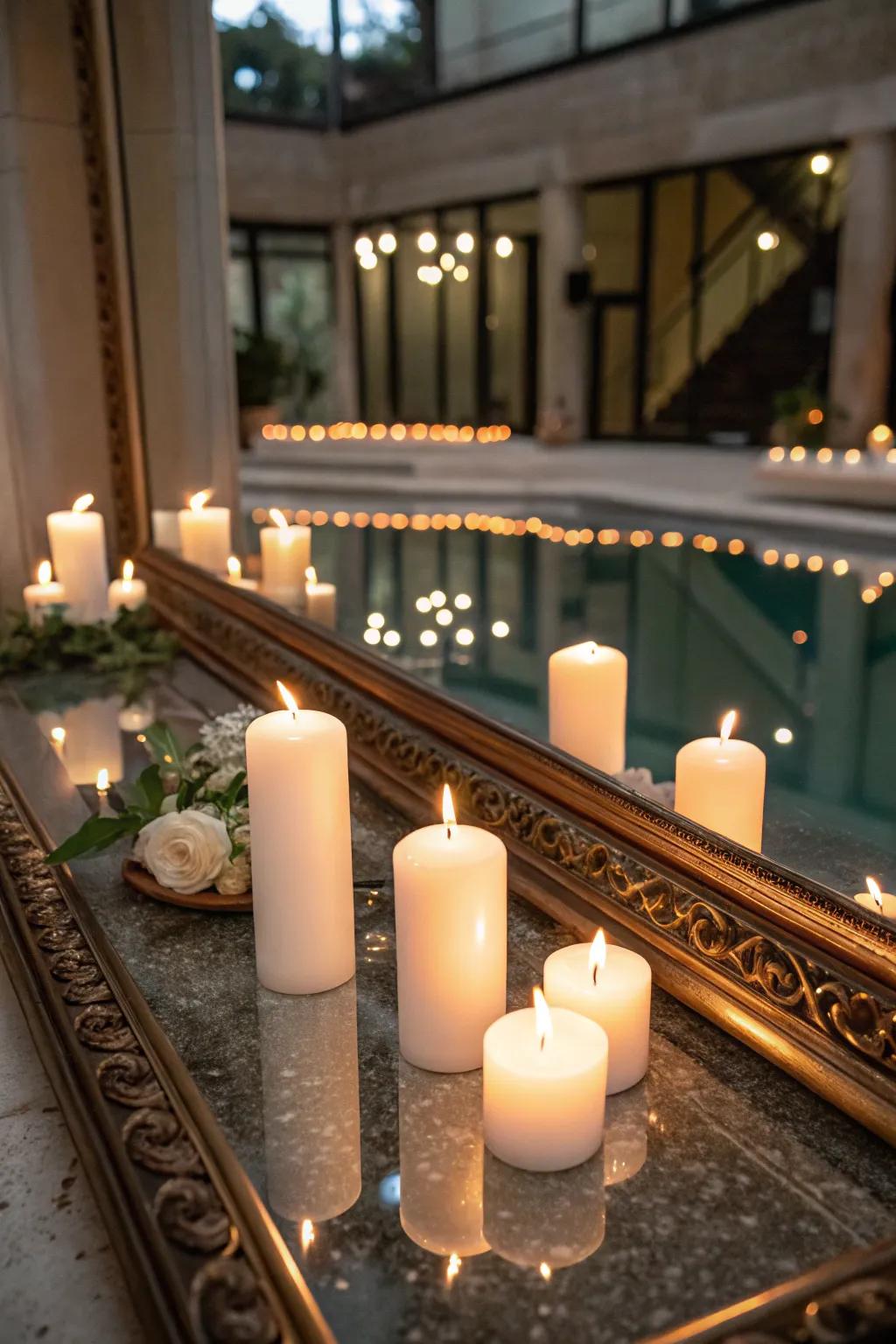 Candles situated on a mirror, doubling the impact of their radiance.