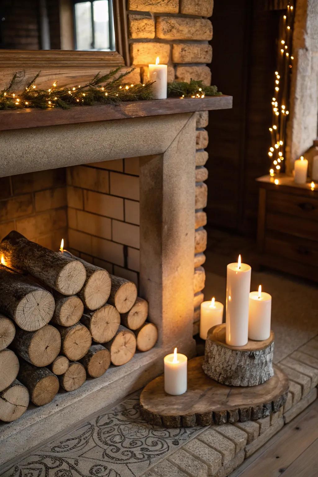 Wood embellishments paired with candles provide a cozy, warm sensation.