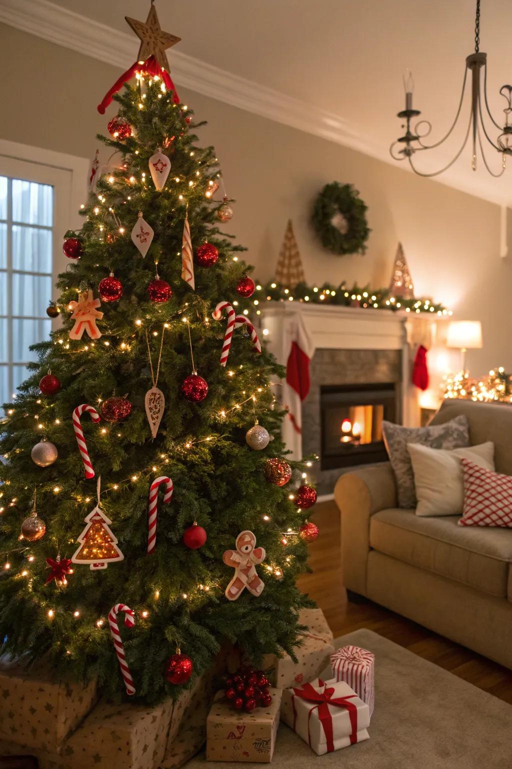 Gingerbread and sweets compose a sweet festive narrative on this tree.