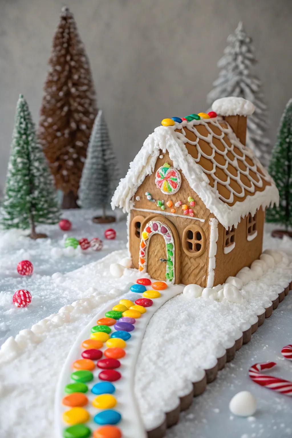A lively path of multi-colored drops guiding toward the gingerbread house front entrance.