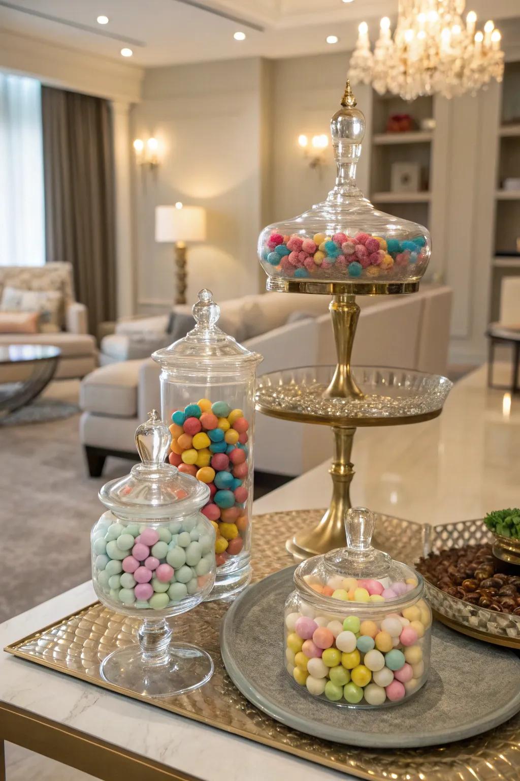 Refined glass vessels and stands that accentuate the candy display
