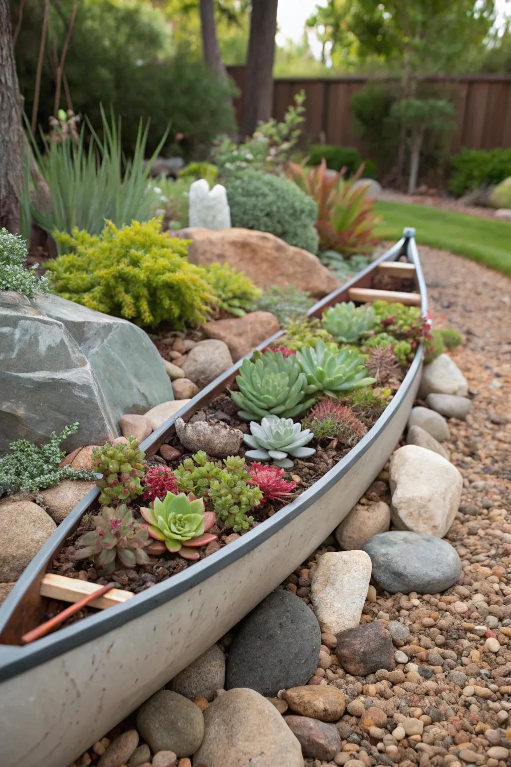 Rocks and ground cover provide a decorative border for a watercraft planter.