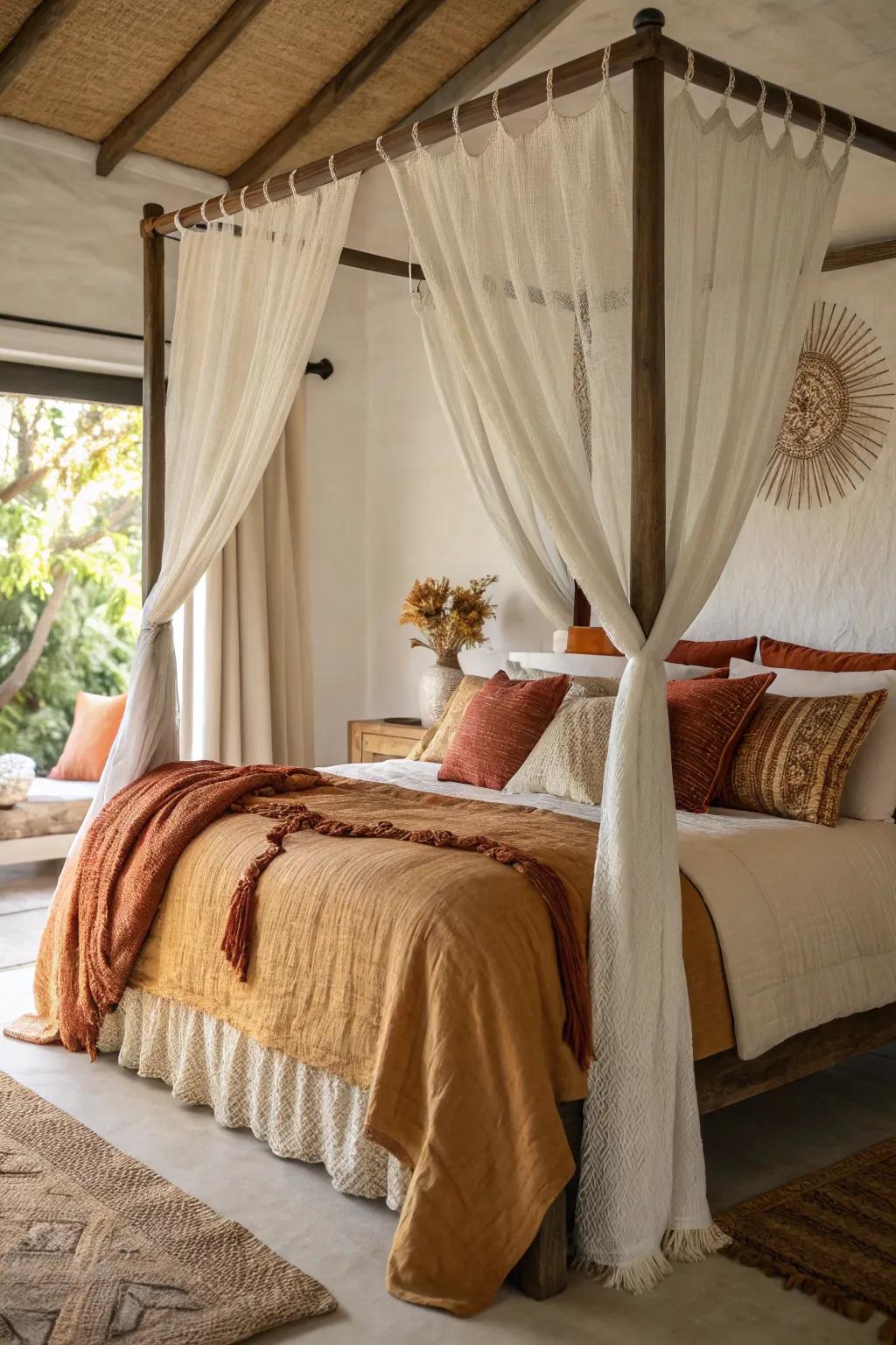 A comfortable four-poster hideaway with layered bedding and inviting tones.