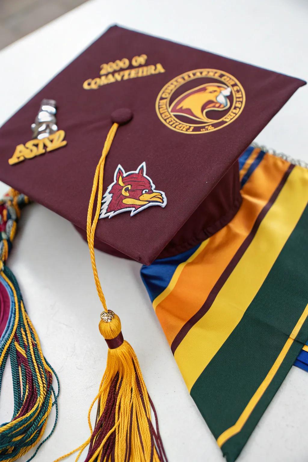 A graduation cap proudly showcasing school colors and spirit.