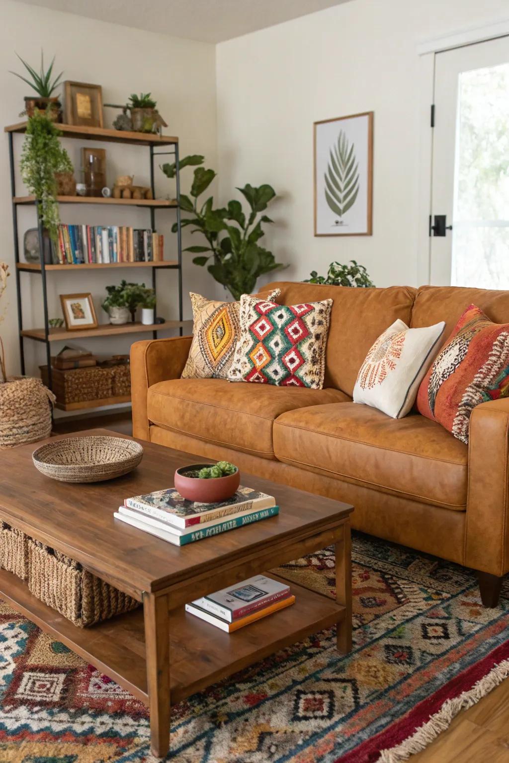 Combining decor styles brings personality to a butterscotch sofa room.