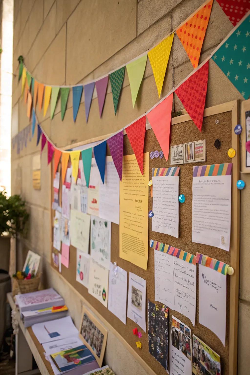 Cheerful bunting and banners contribute a festive element to this fair-themed arrangement.