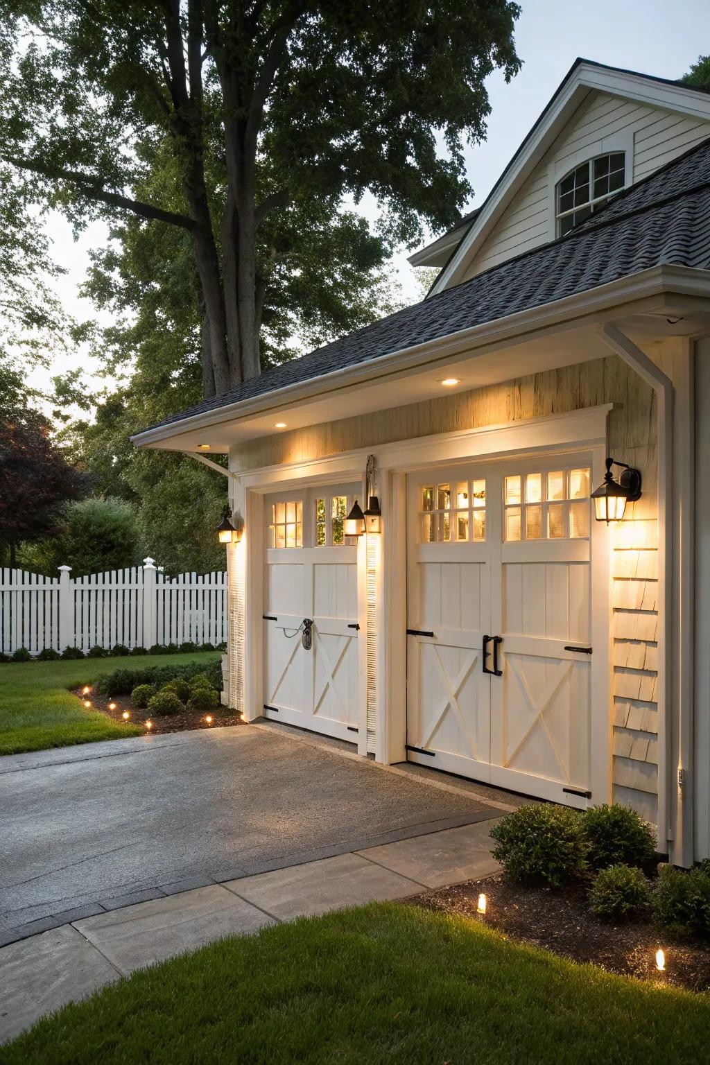 An elegant double door carport design that enhances a traditional home setting.
