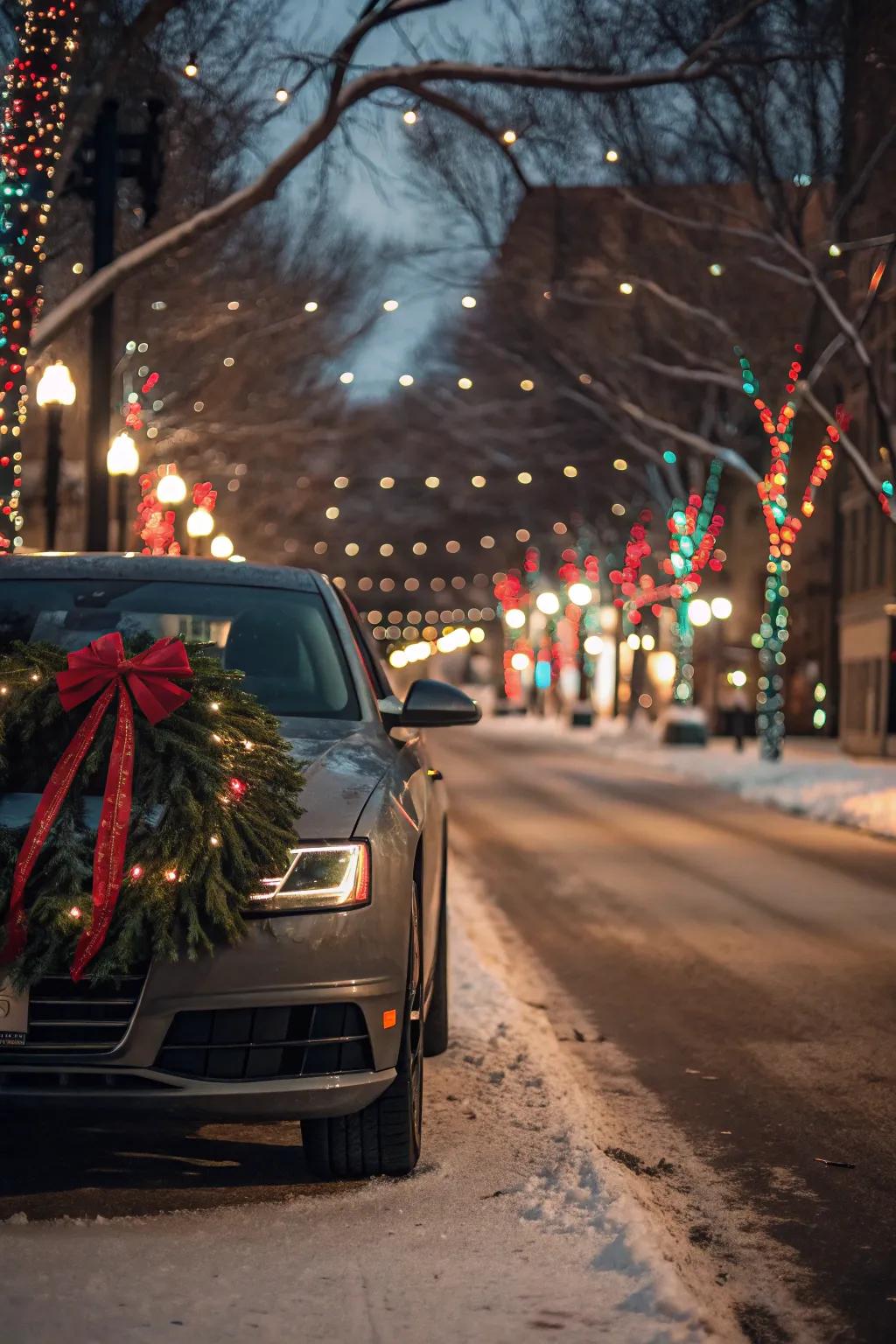 A car adorned with a festive wreath, conveying holiday cheer.