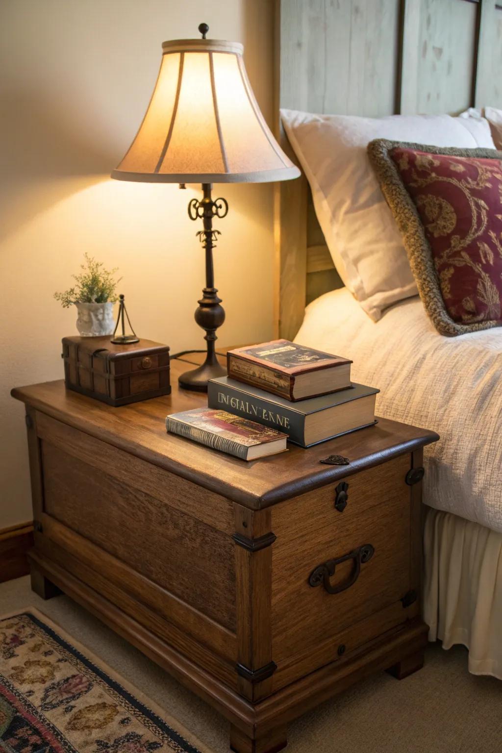 A blanket chest introduces charm and practicality when used as a bedside table.