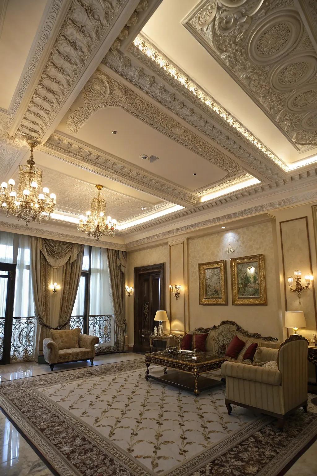 A room presenting ornate moldings that enrich the ceiling's artistic expression.