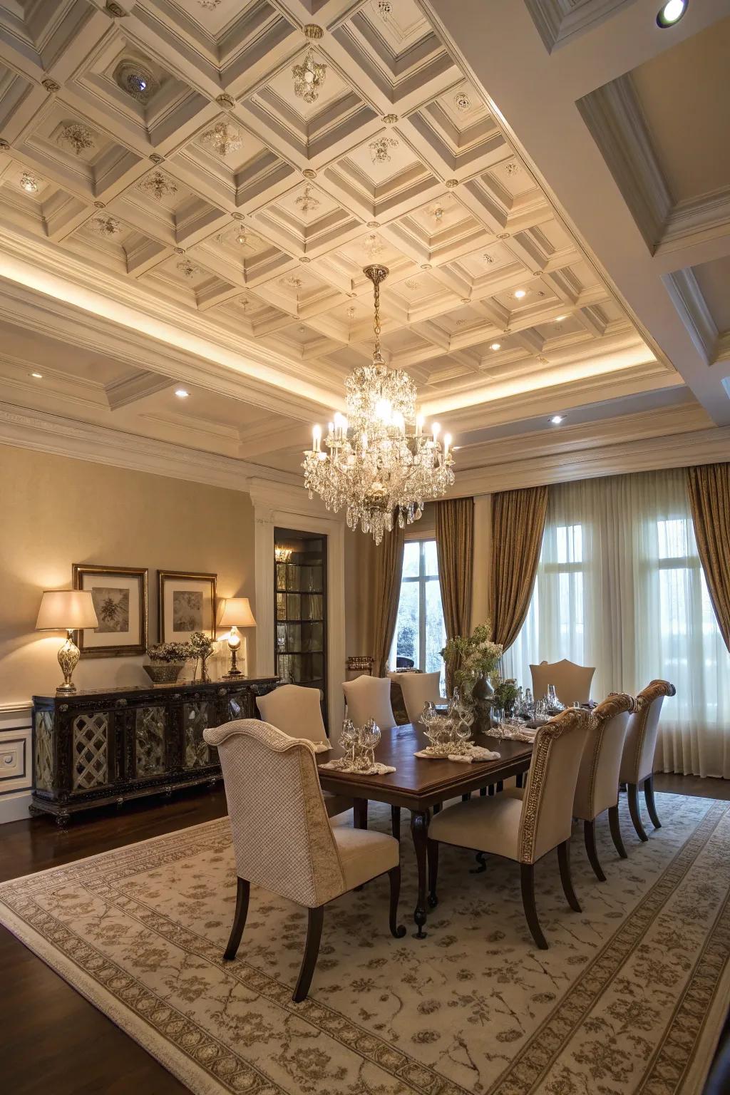 An elegant dining space featuring a dramatic panelled ceiling.