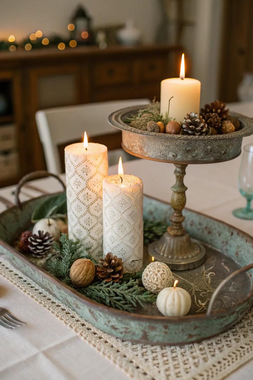 Classic charm using a tray centerpiece base.