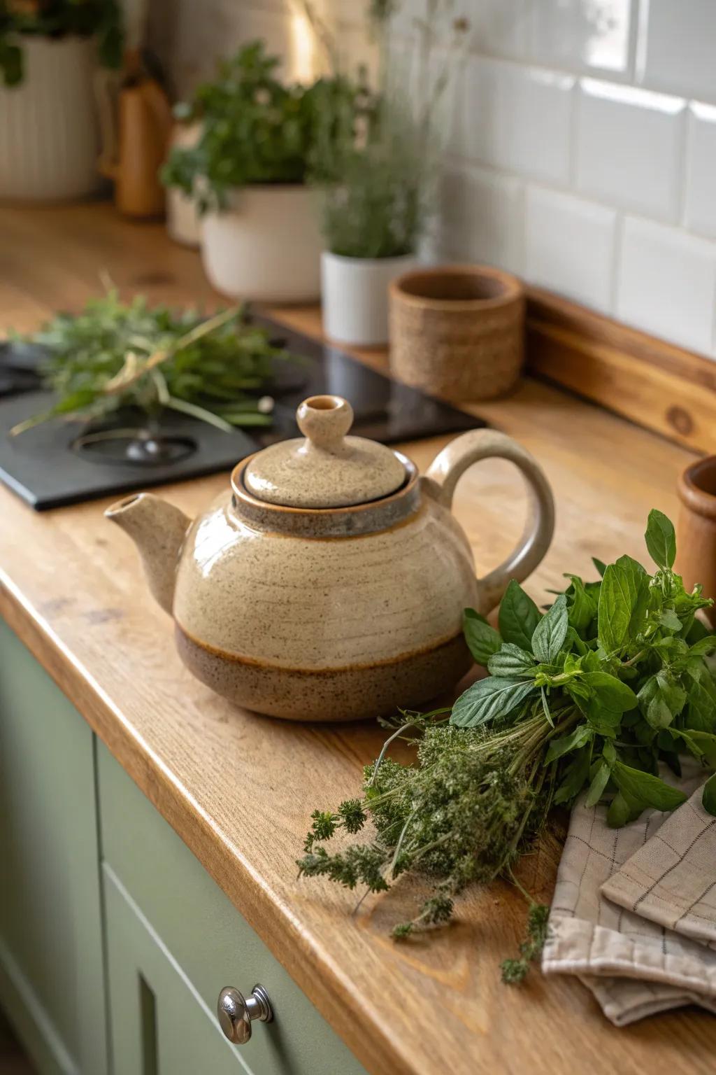 Organic shades create a soothing, grounded mood for this teapot.