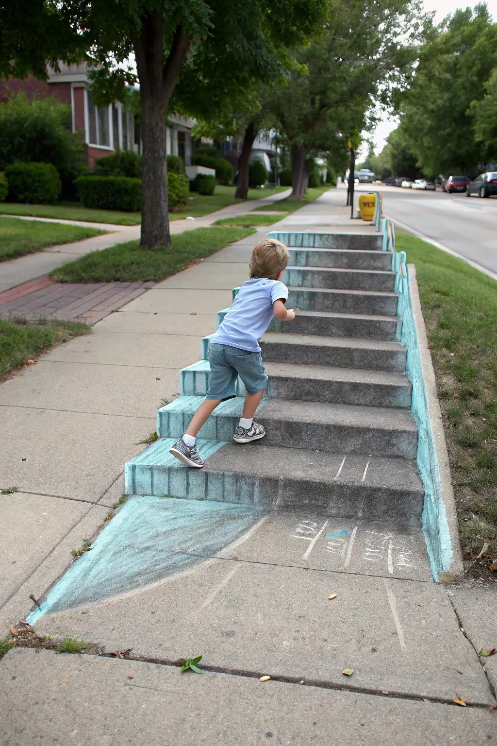 A kid plays with a 3D chalk design, ascending fictional steps.