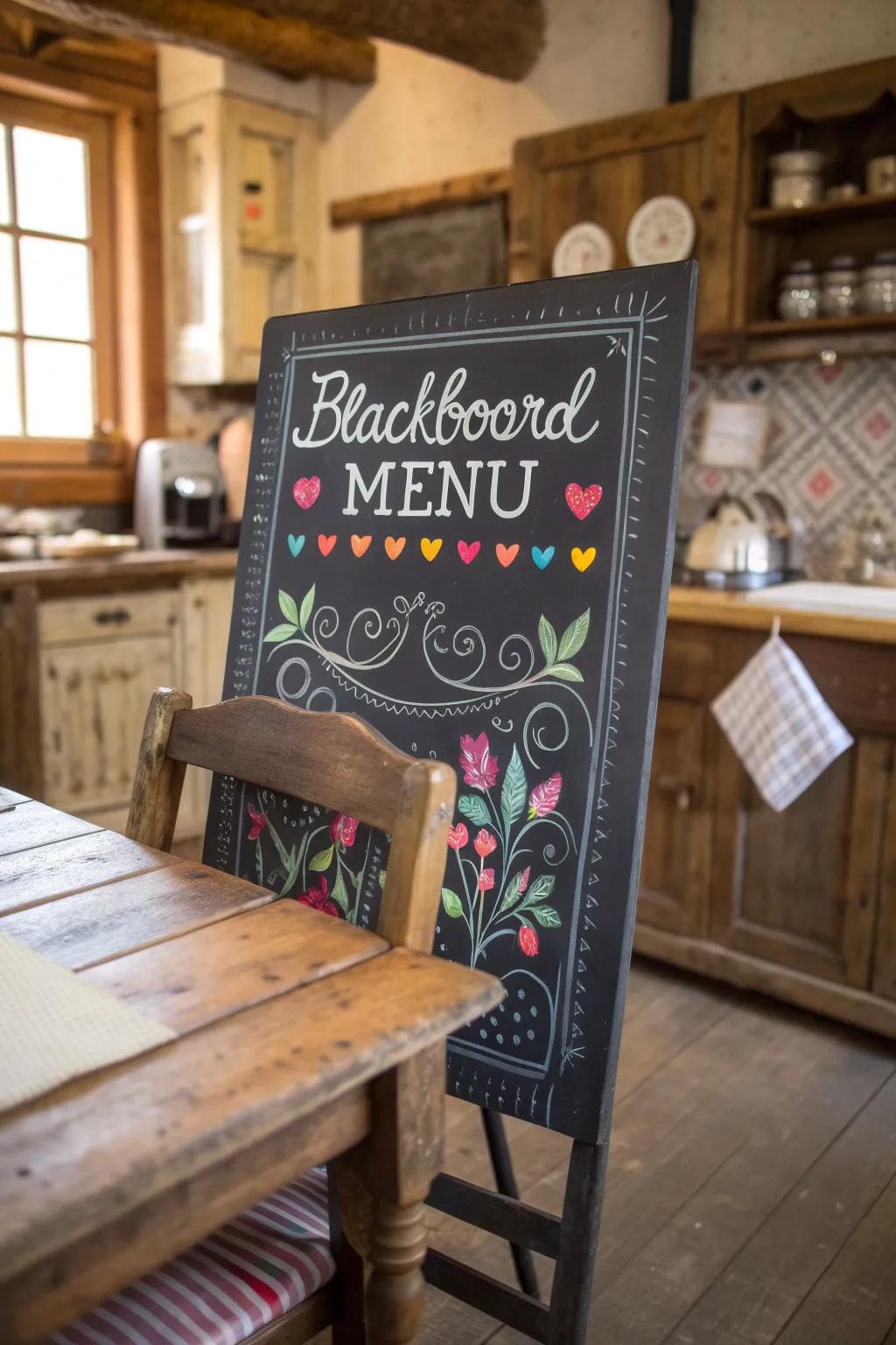 A blackboard menu with pops of color to highlight special items, adding vibrancy to a homey kitchen.