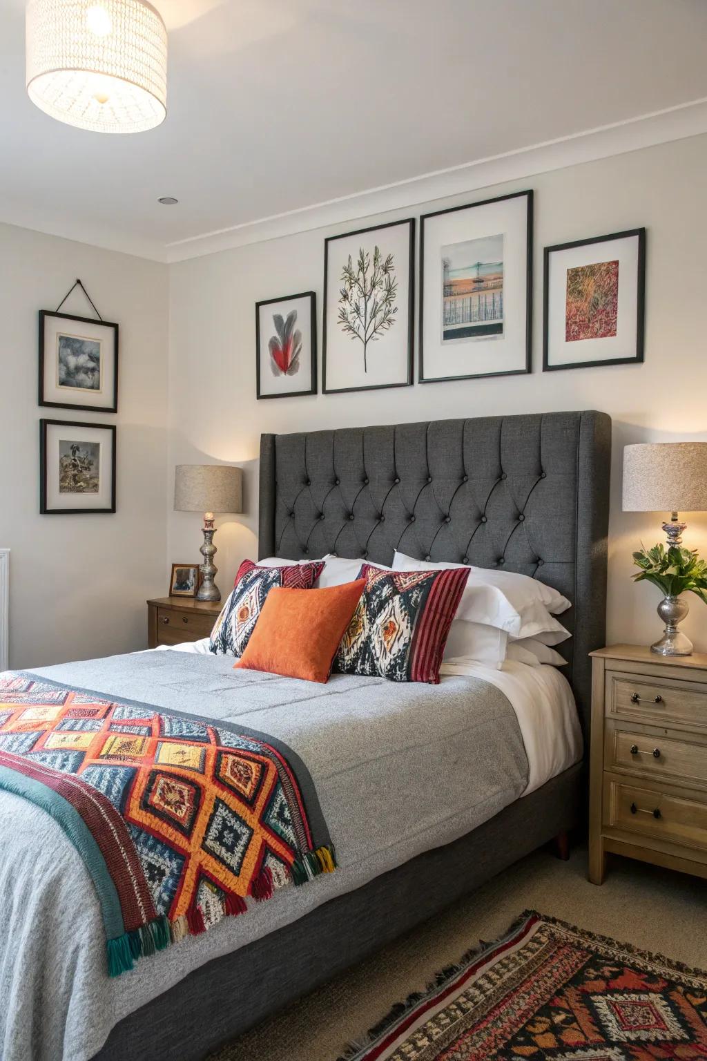 A vibrant burst of color animates a neutral grey headboard arrangement.