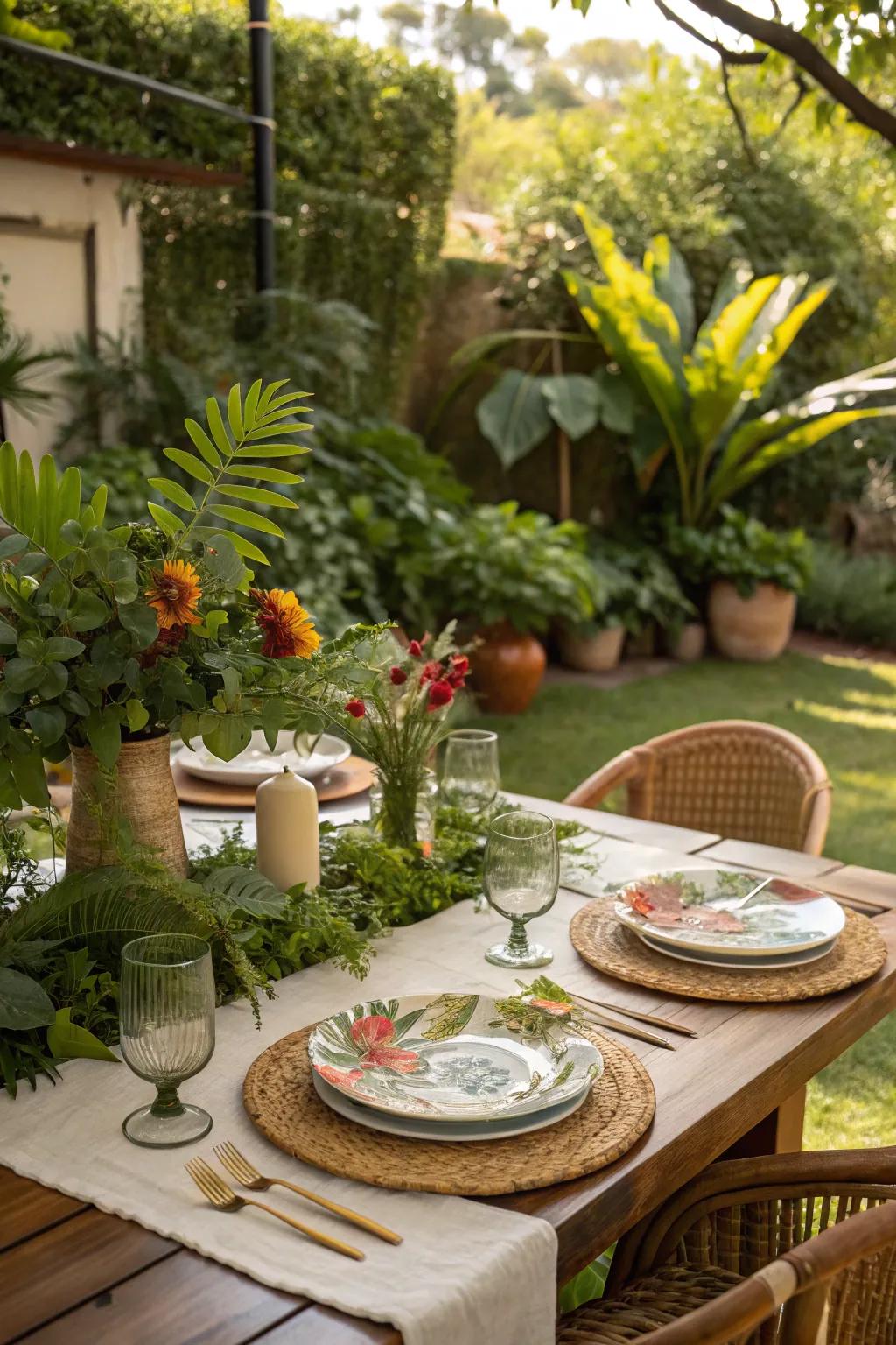 For a cool, outdoor setting, use nature-inspired charger plates.