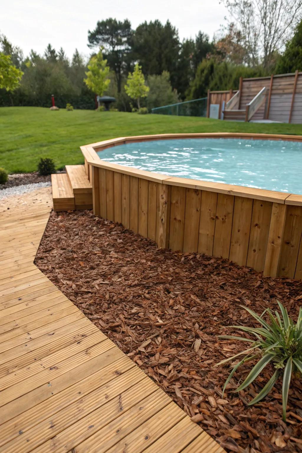 Mulch gives your poolside a tidy, earthy feeling.