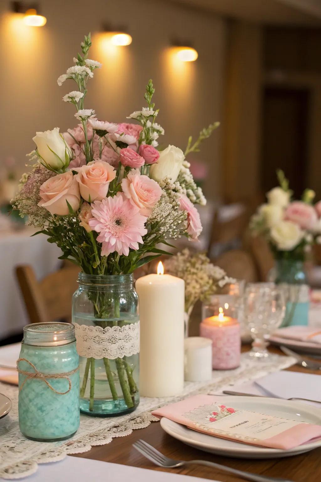 Utilize glass containers for a charming and economical touch.