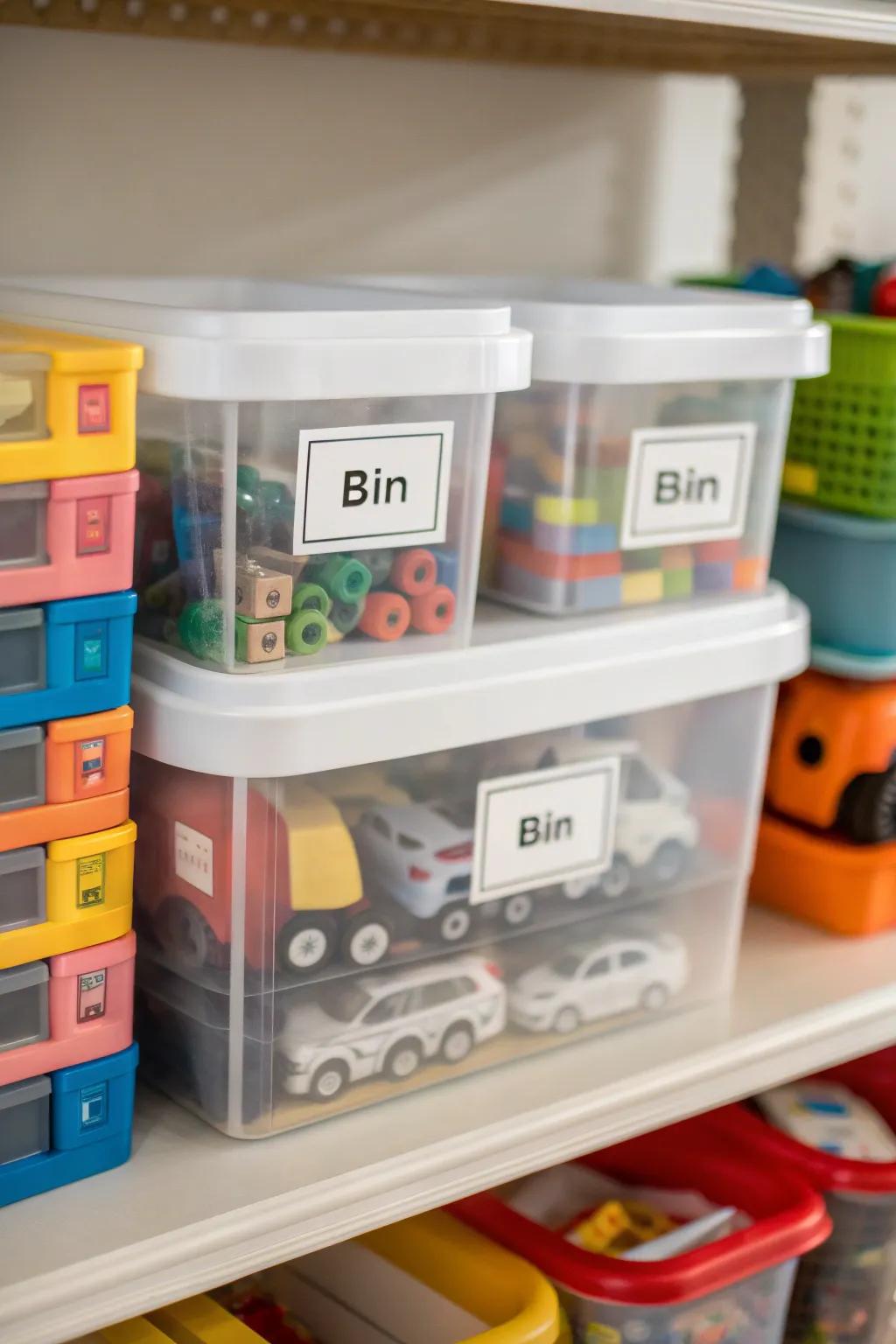 Identification tags simplify the process of toy arrangement.