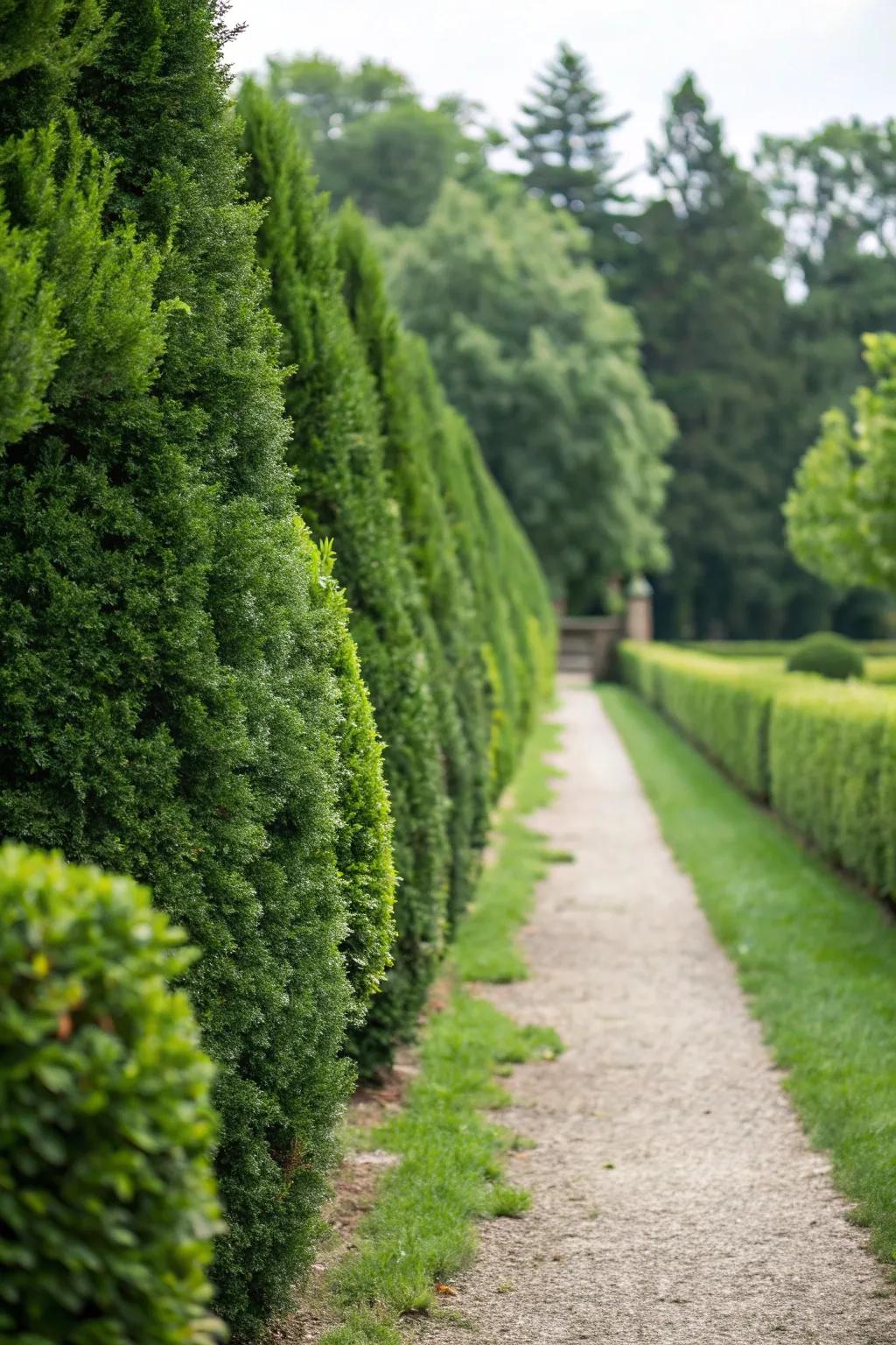 Evergreen shrubs ensure year-round privacy and greenery.
