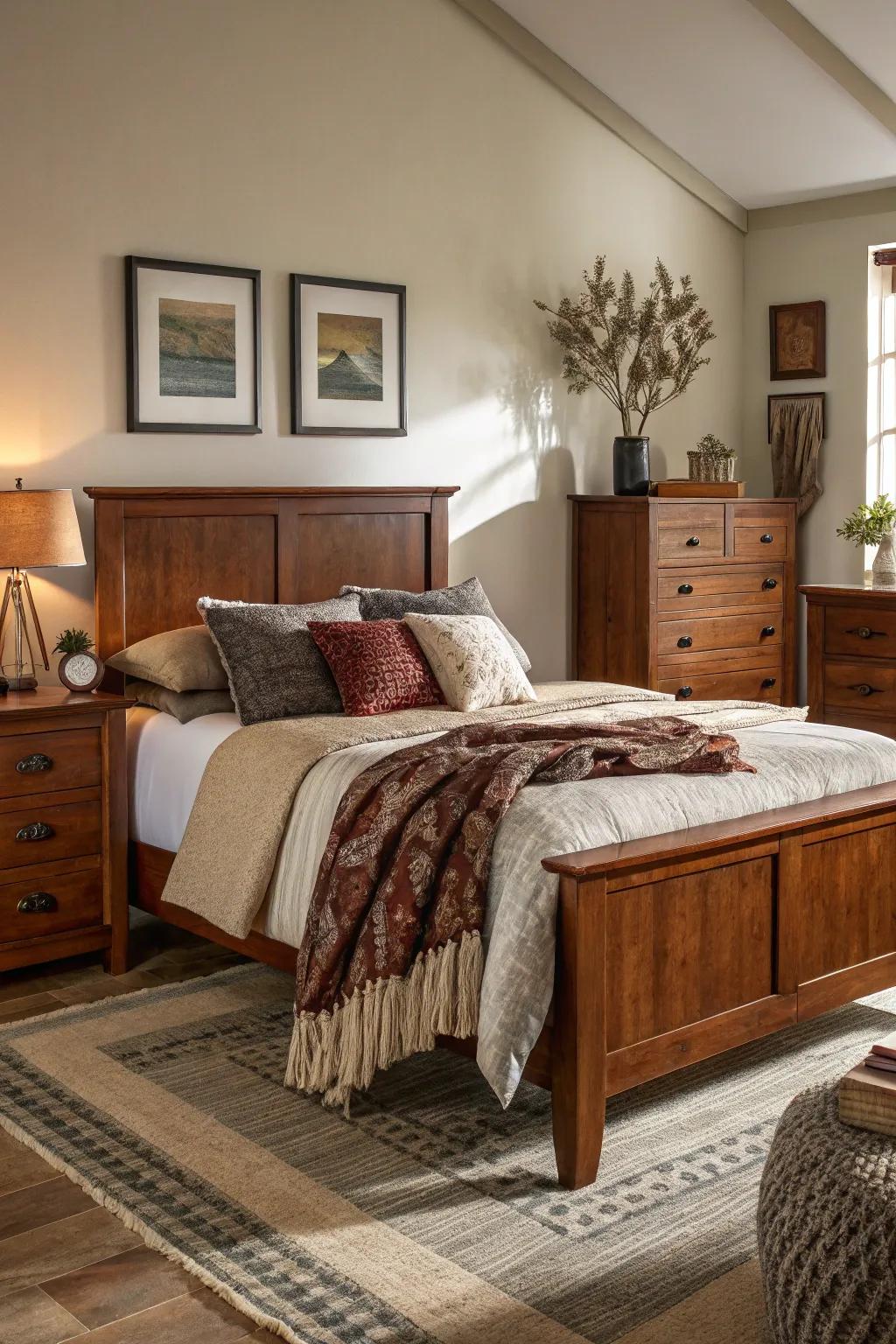 Textured textiles amplifying the character of a maple wood bedroom arrangement.