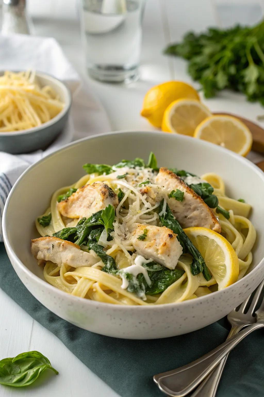 Chicken and spinach pasta with a zesty lemon cream sauce.